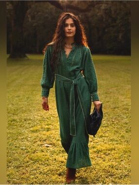 Ex Voto Sutton Maxi Dress Emerald Green Embroidered Boho Size Small NWT $289